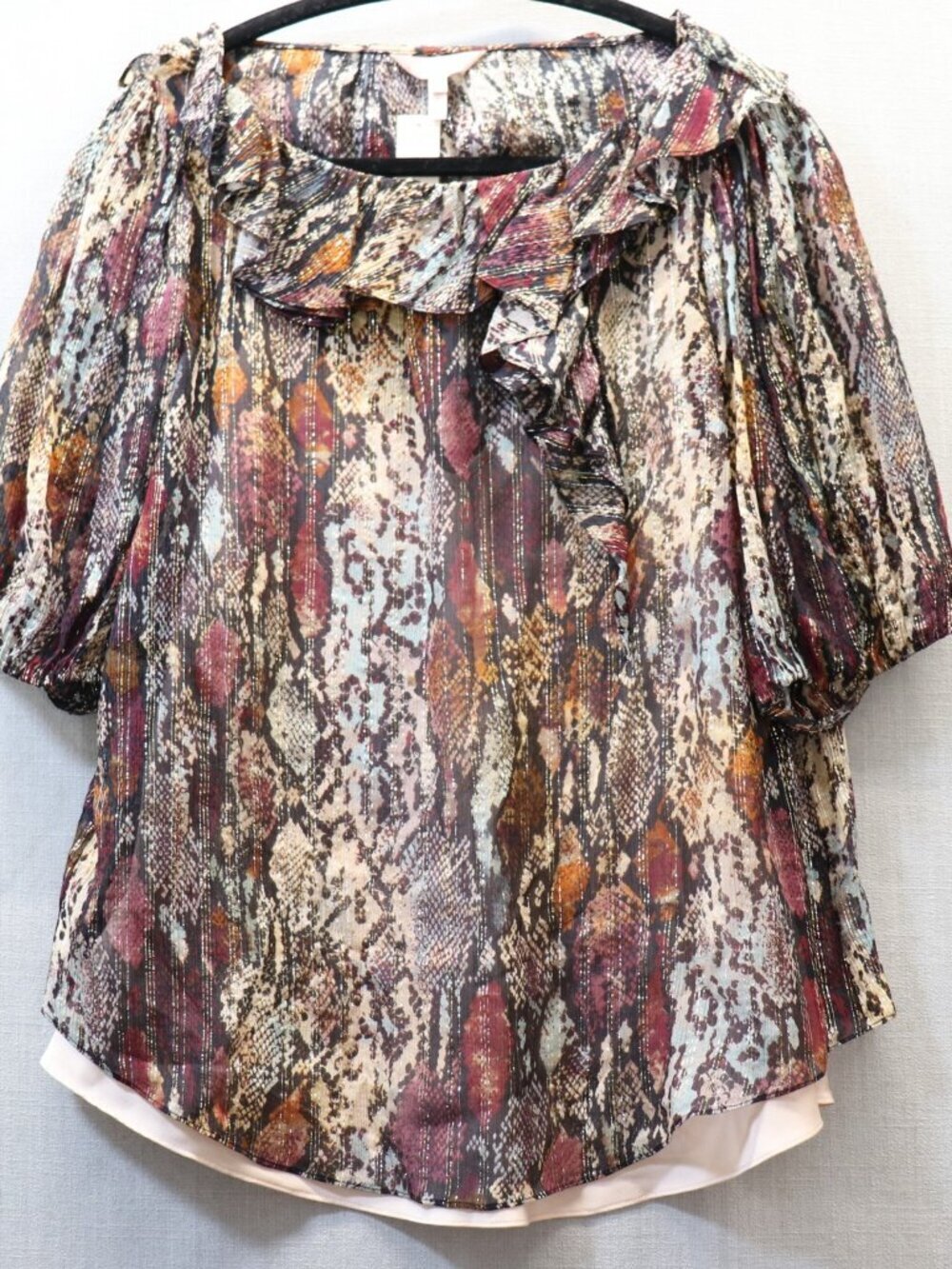 NWT Rebecca Taylor XL SILK Blouse Watercolor Snake Print Gold Metallic Ruffle
